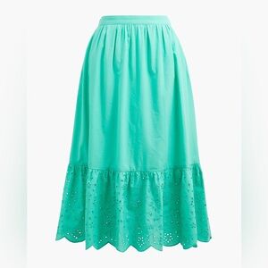 NWT J. Crew Green Eyelet Ruffle Hem A-Line Skirt (Size L)